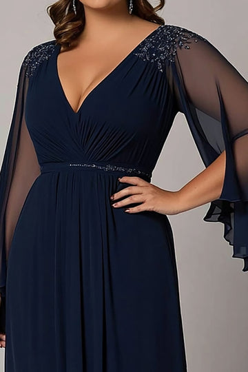 Navy A Line V-Neck Chiffon Lace Plus Size Mother of the Bride Dress